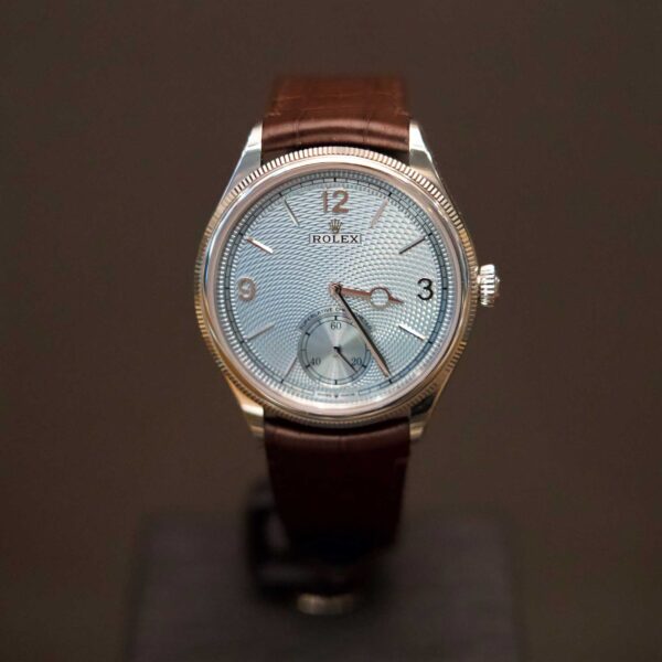 Rolex 1908 bleu glacier Platine Cuir marron 39 mm
